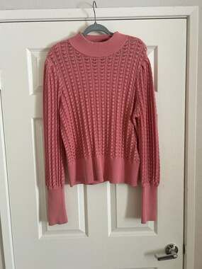 Ryegrass Pink Pointelle Open Knit Mock Neck Pullover Sweater